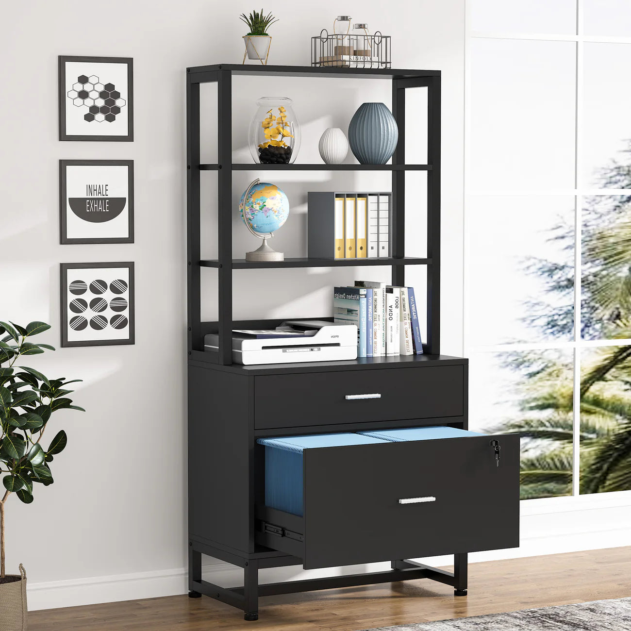 2-Drawer File Cabinet with Lock & Bookshelf Modern Filing Cabinet for Letter Size
