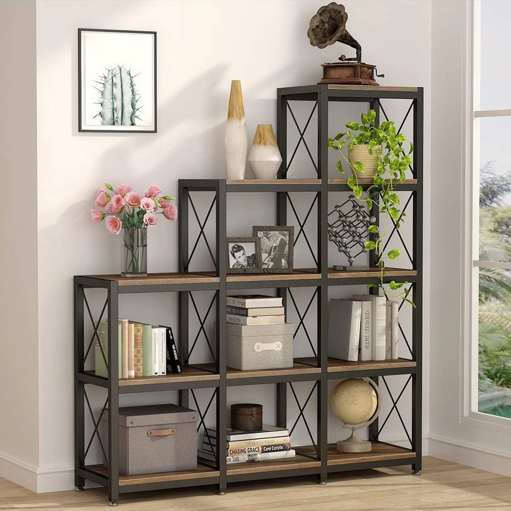 12‑Shelf Industrial Ladder Corner Bookshelf Tall Space‑Saving Display Shelf