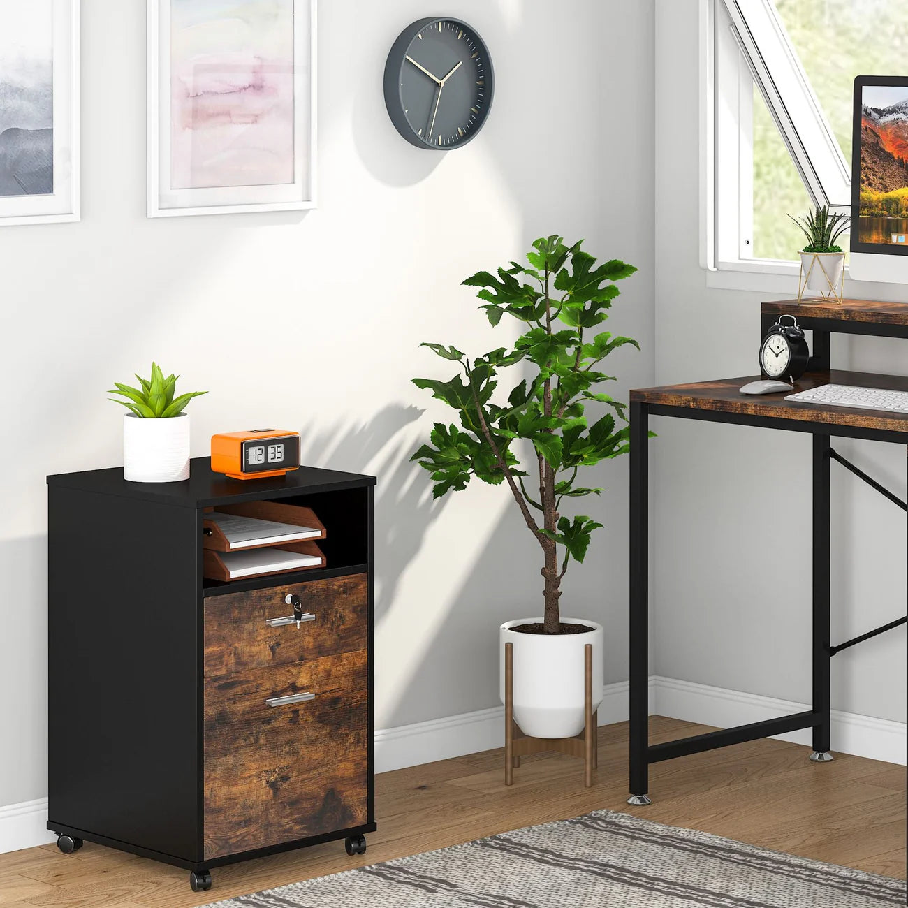 2‑Drawer Mobile File Cabinet with Lock Modern Wood Filing Cabinet