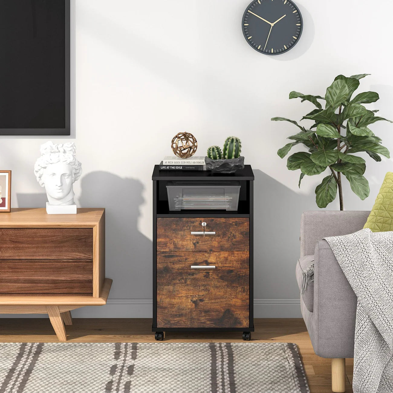 2‑Drawer Mobile File Cabinet with Lock Modern Wood Filing Cabinet